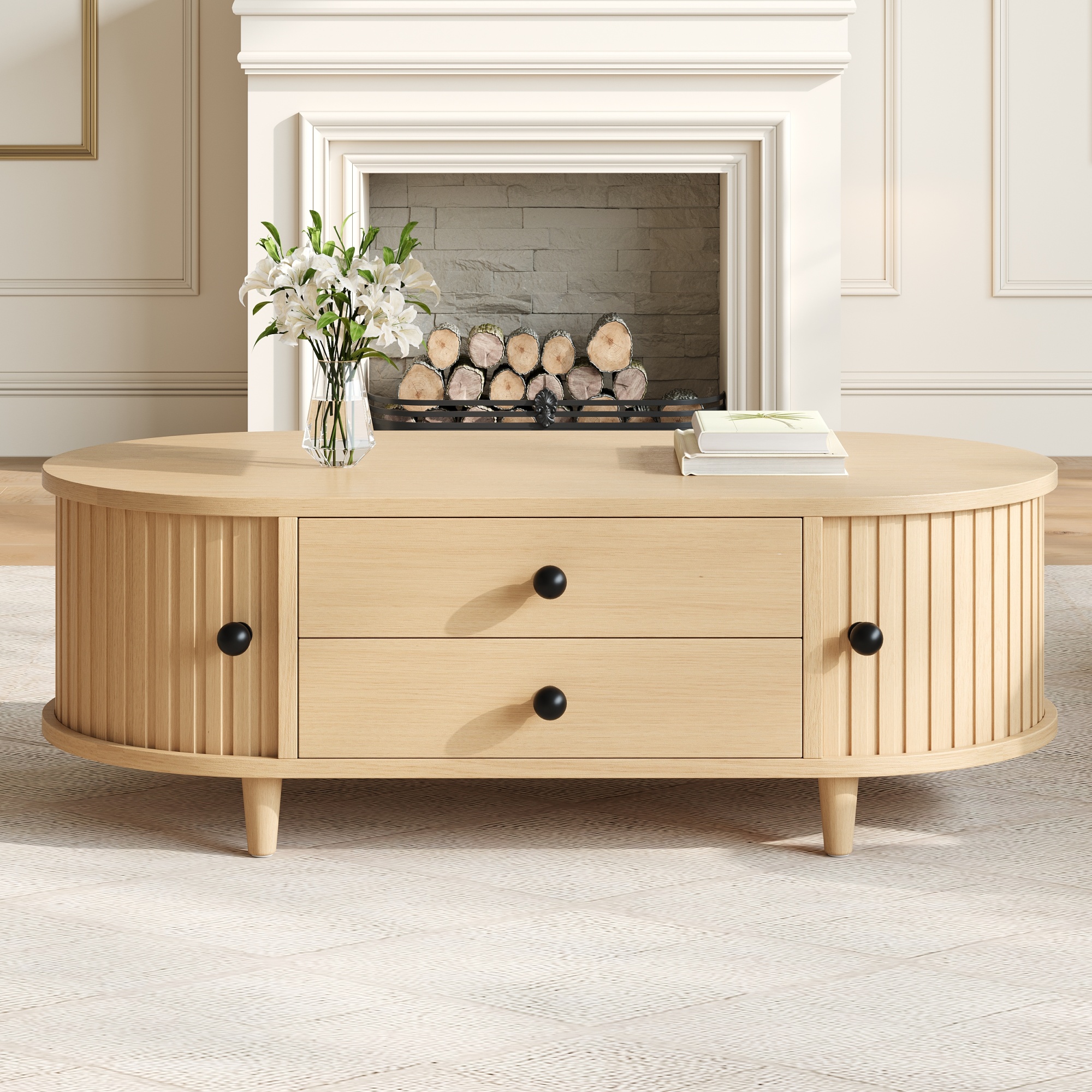 Table basse effet bois clair avec portes tambour et tiroirs