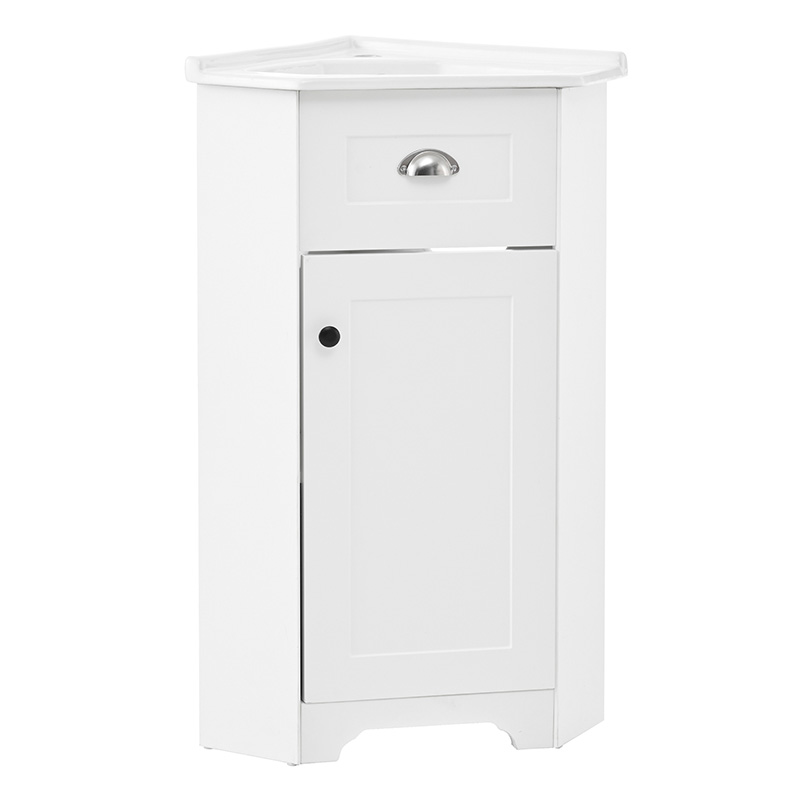 Meuble de salle de bains blanc sur pied 59 cm avec lavabo en céramique, rangement intérieur et poignées métalliques
