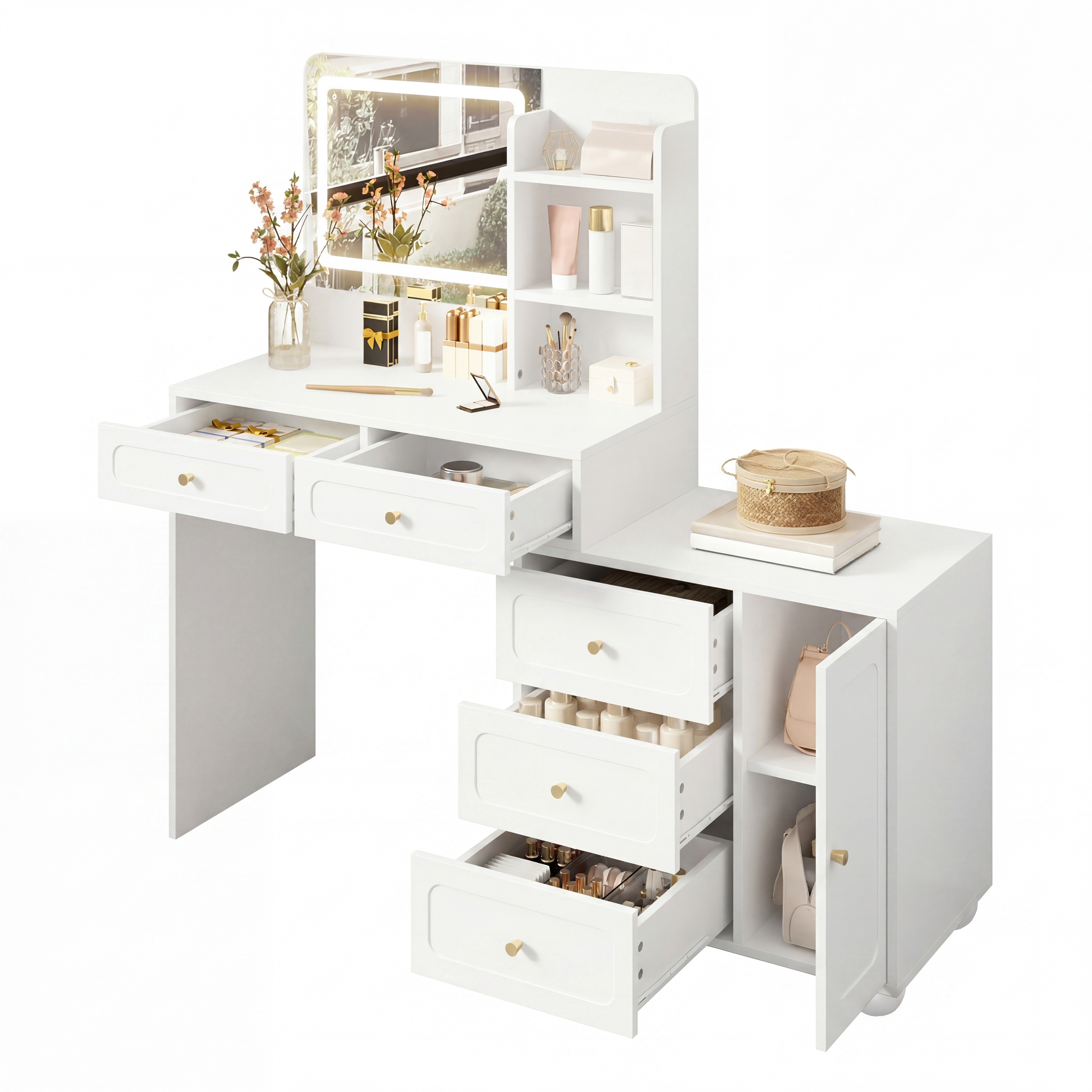 Coiffeuse blanche avec miroir LED et rangements