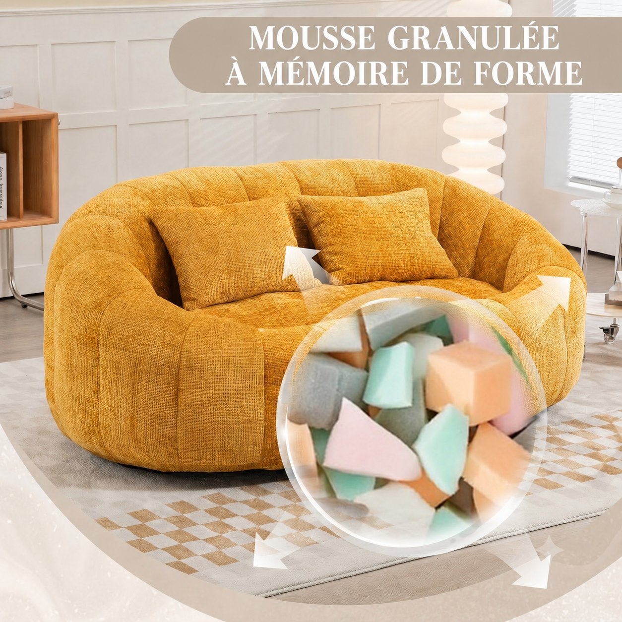 Fauteuil lounge jaune en chenille, pouf canapé paresseux avec rembourrage en mousse haute densité
