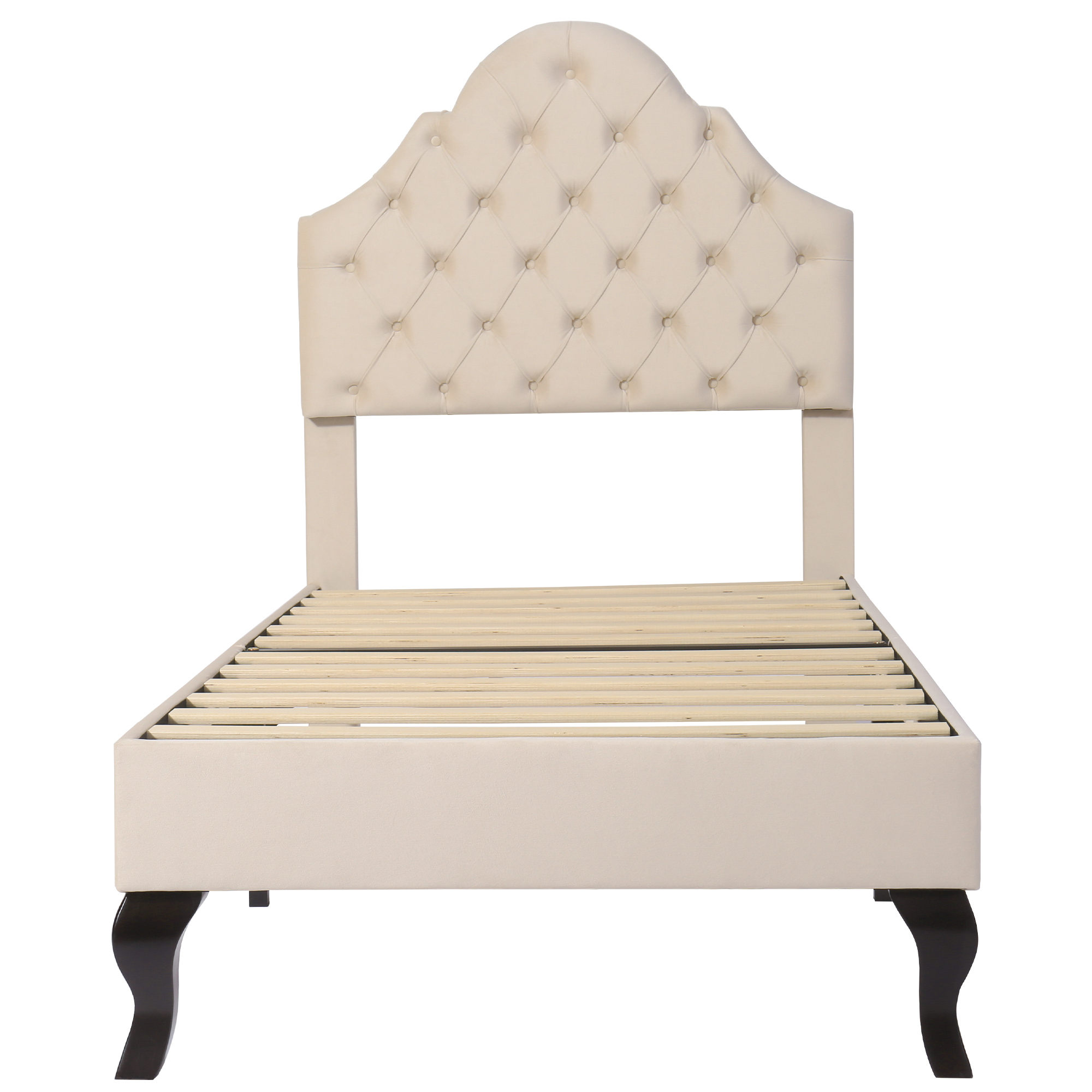 Vue latérale lit matelassé beige en situation chambre