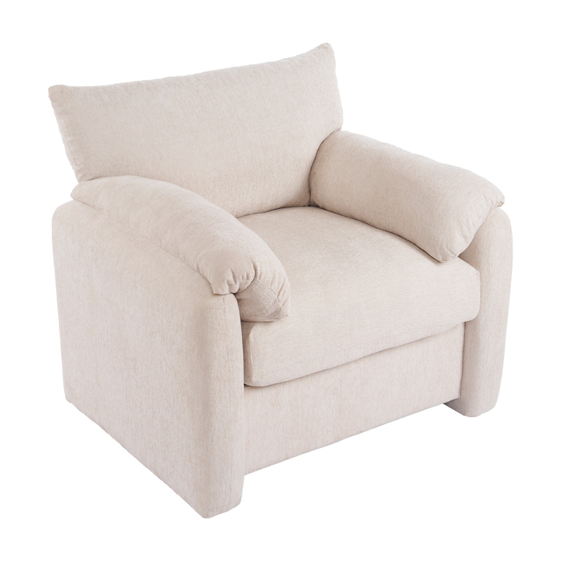 Fauteuil oversize beige en tissu chenille avec assise rembourrée et accoudoirs pour salon et chambre