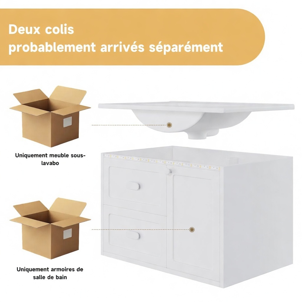 Vue latérale meuble suspendu blanc laqué et capteur LED