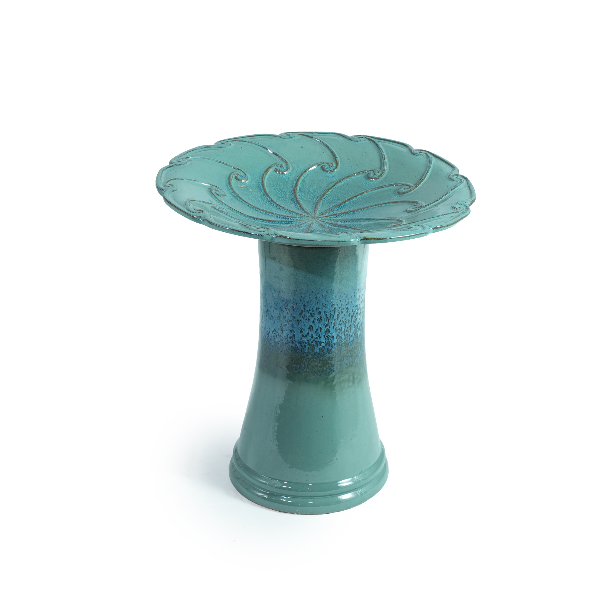 Bain d’oiseaux en céramique bleu turquoise avec vasque à relief végétal et pied surélevé