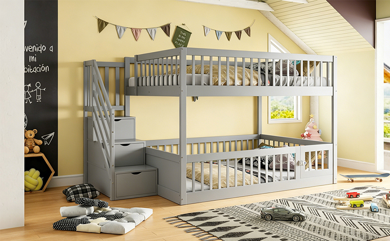 Lit superposé enfant gris 140 x 200 cm avec escalier de sécurité et tiroirs de rangement