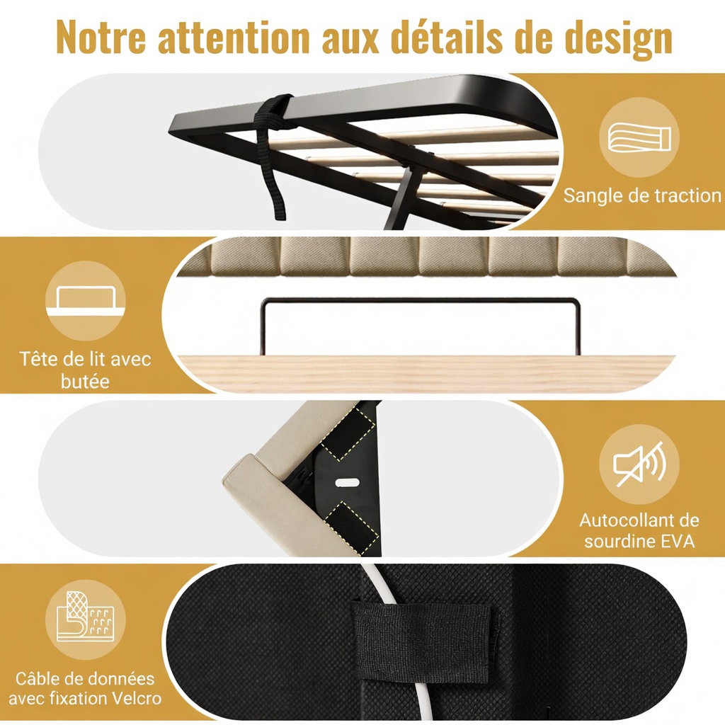 Détail rangement et LED lit double beige