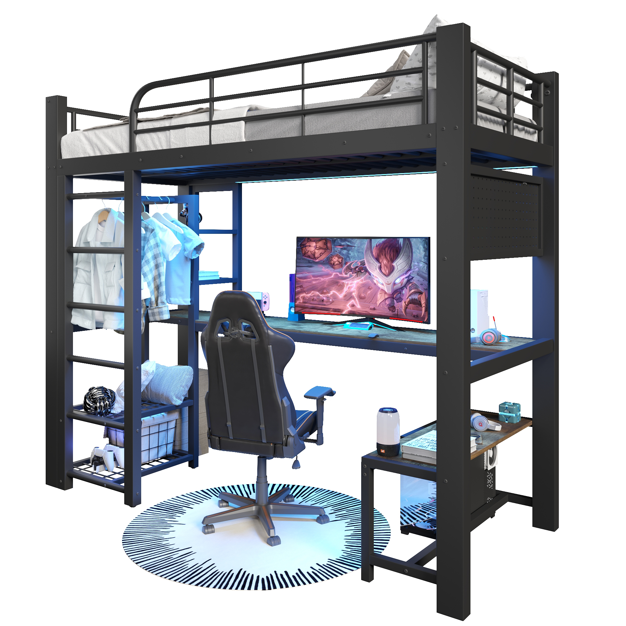 Lit mezzanine 90 x 200 cm avec bureau, LED et rangements