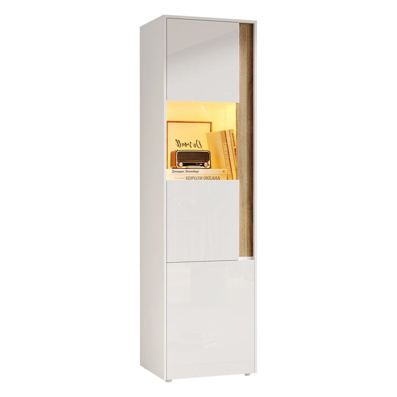 Vitrine haute blanche et bois naturel avec éclairage LED et porte en acrylique