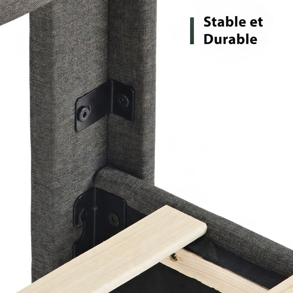 Lit double gris vue latérale hauteur 29 cm et pieds antidérapants