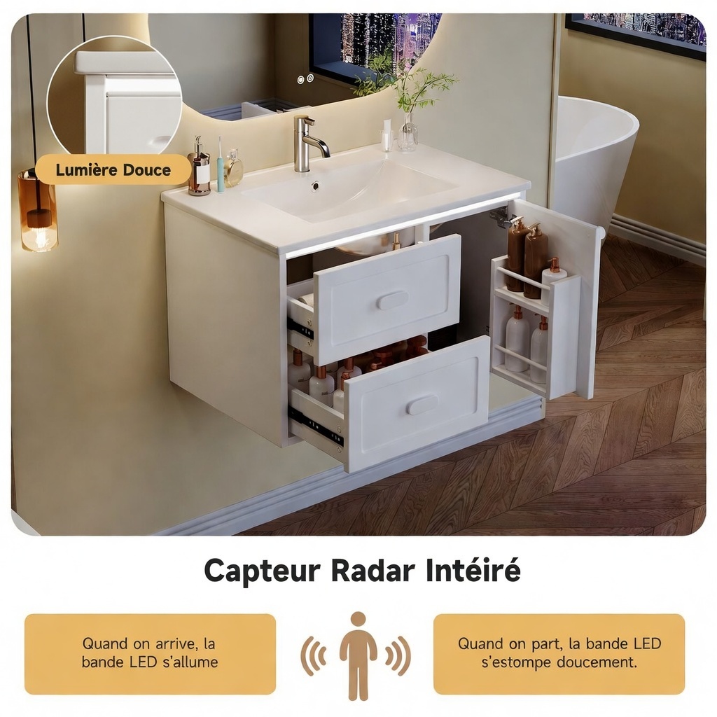 Détail éclairage LED radar activé et tiroirs silencieux