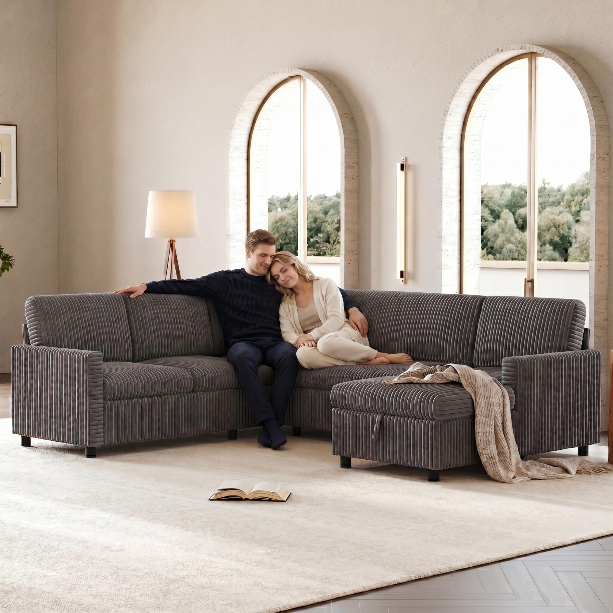 Canapé d’angle en U 5 places gris en velours côtelé avec fonction couchage, méridienne et rangement