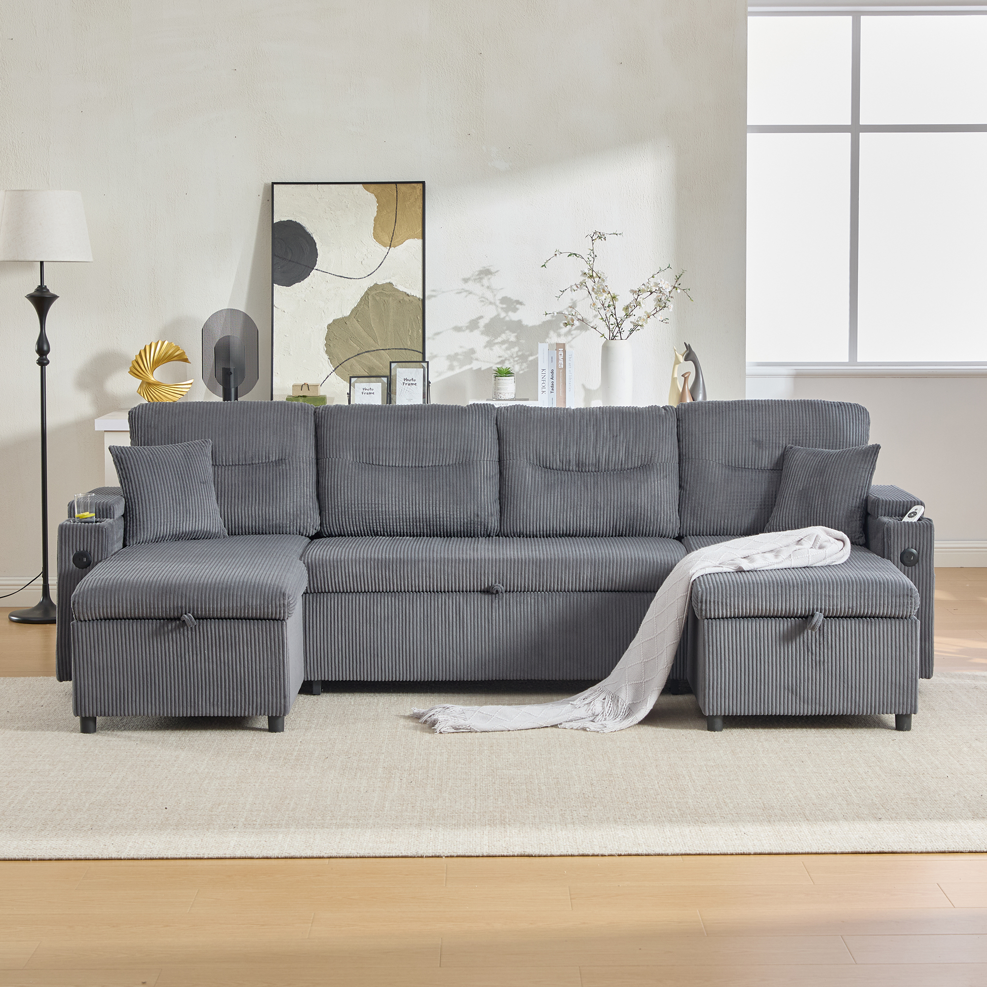 Canapé panoramique convertible 4 places gris anthracite avec deux méridiennes, rangements, porte-gobelets et port USB-C