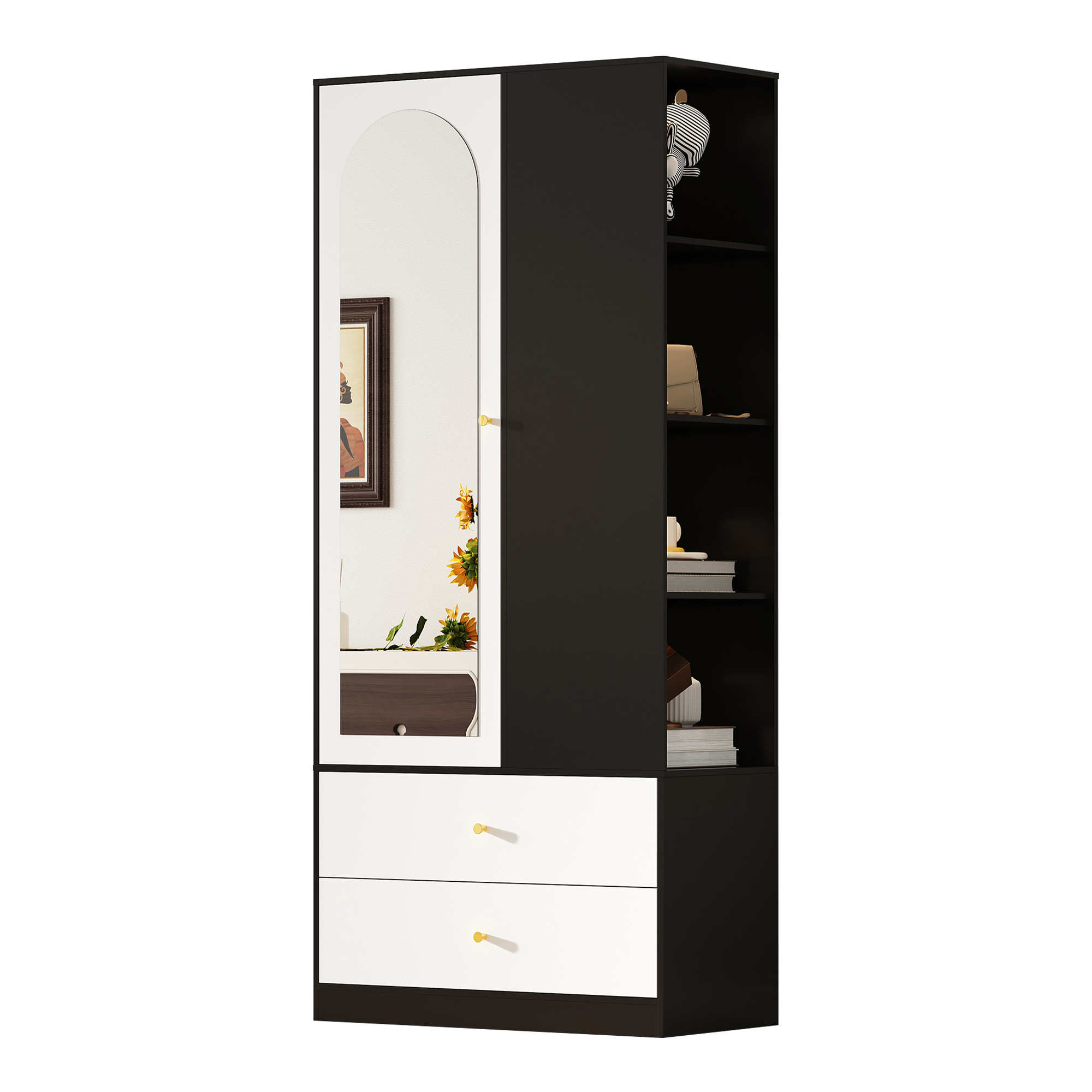 Intérieur rangement barre vêtements étagères tiroirs ouverts