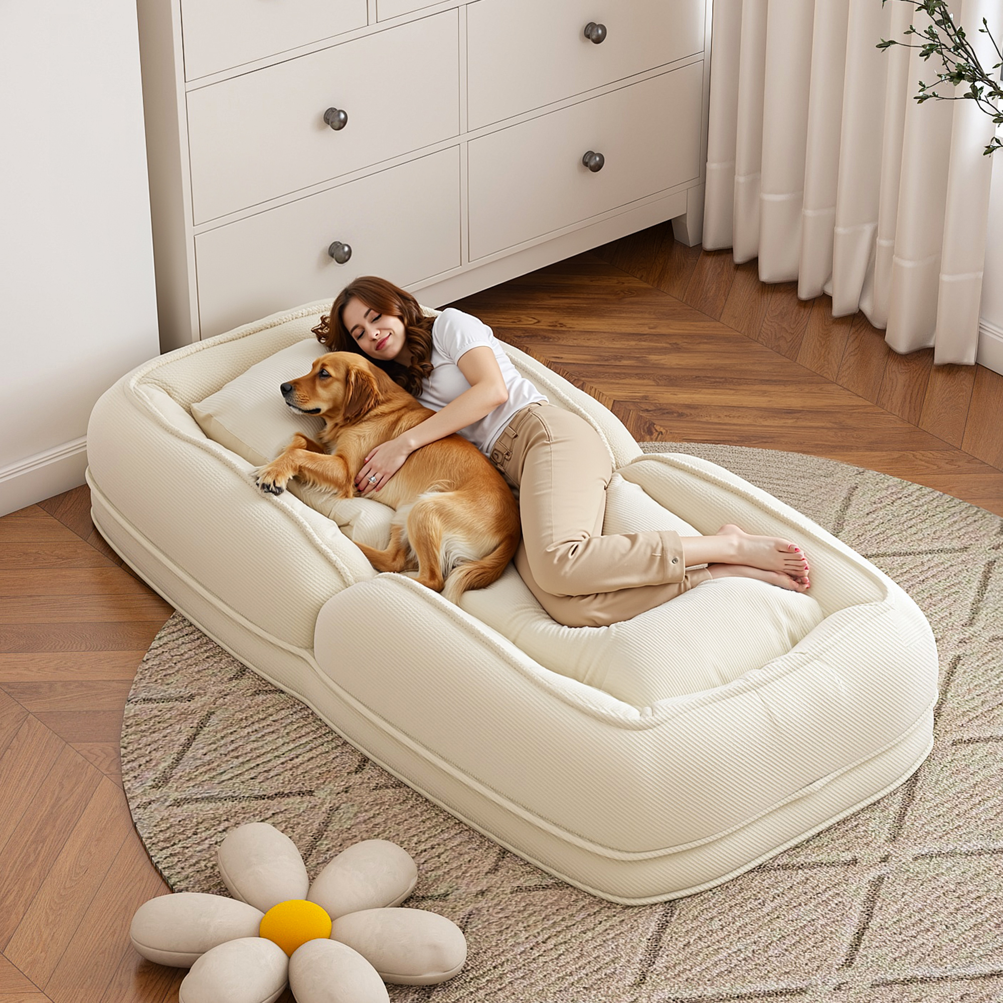 Canapé-lit pliable crème 5 positions avec 2 coussins