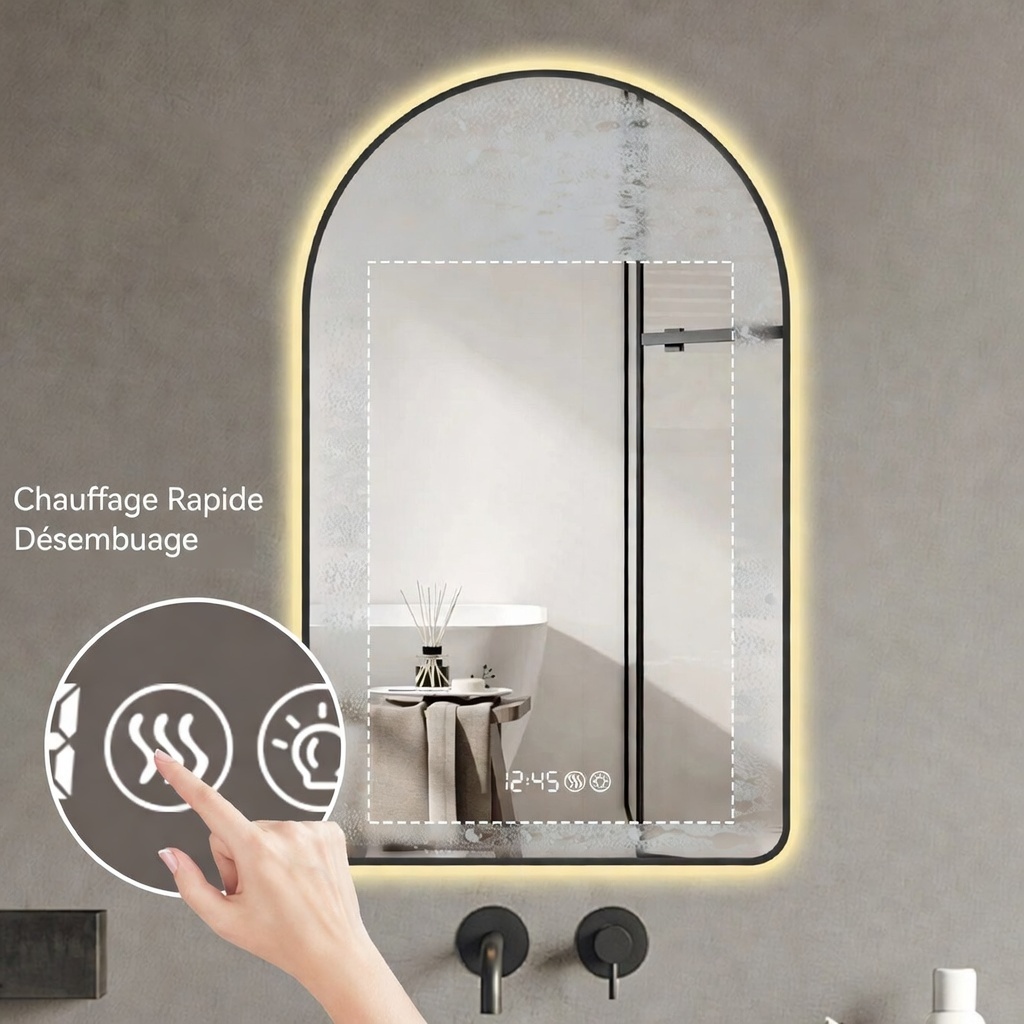 Miroir LED arqué complet allumé