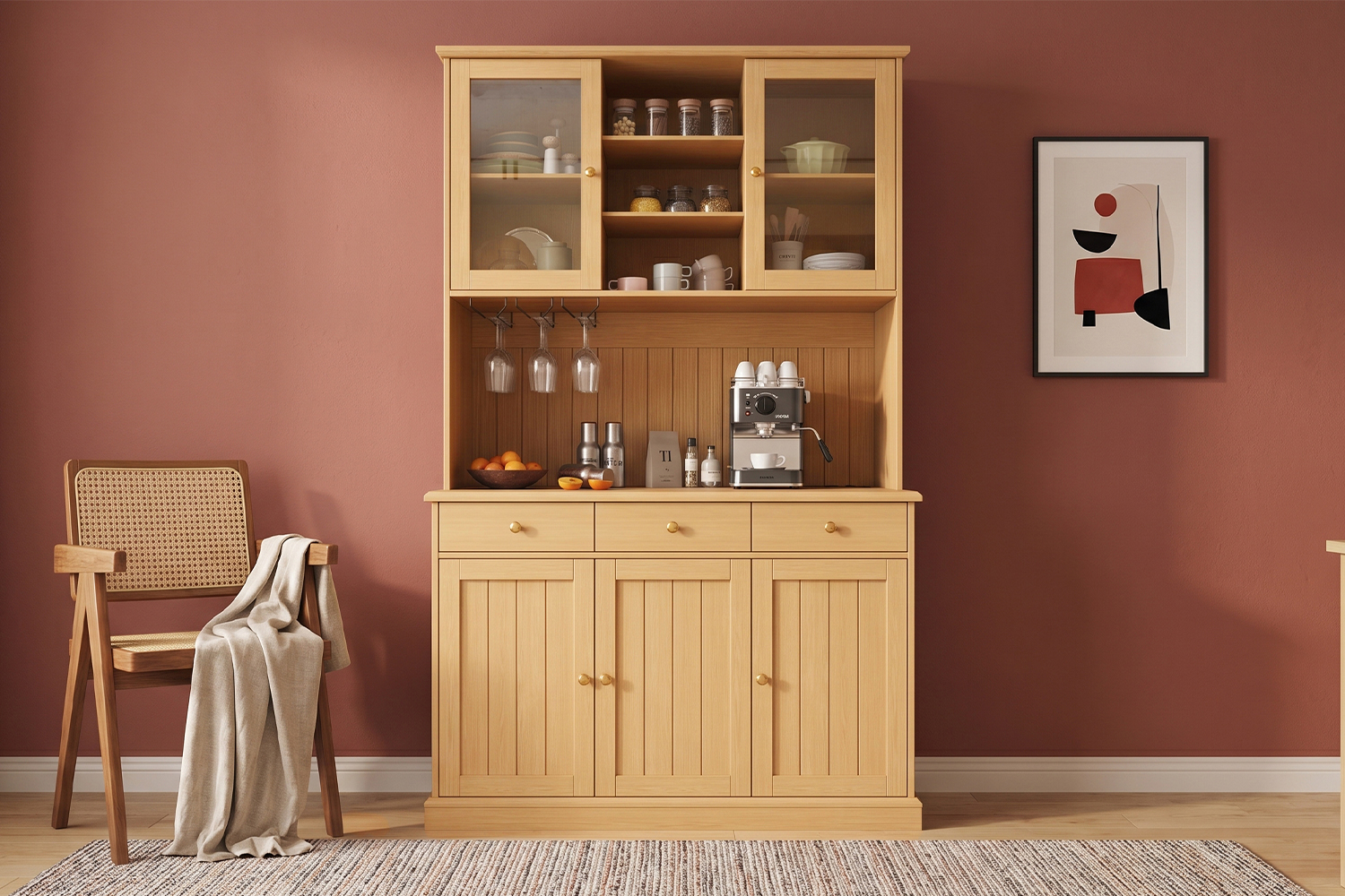 Buffet haut effet bois naturel avec portes vitrées, porte-verres, rangements et station de charge intégrée