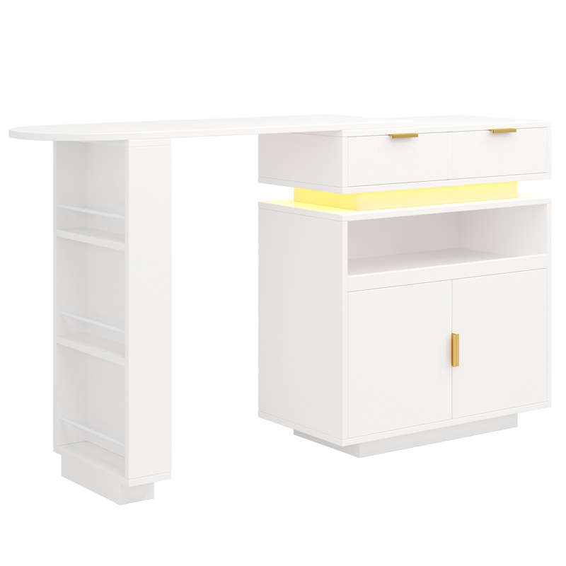 Table de bar extensible blanche avec rangement, éclairage LED et plateau pivotant à 360 degrés