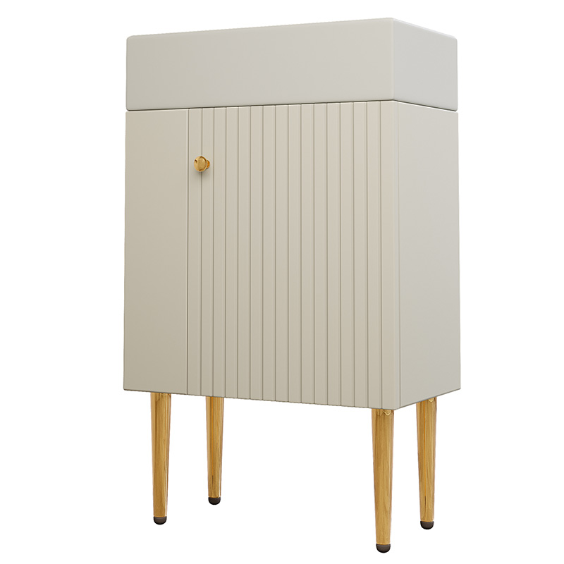 Meuble de salle de bains blanc 55 cm sur pied avec lavabo en céramique, façade en relief et rangements latéraux