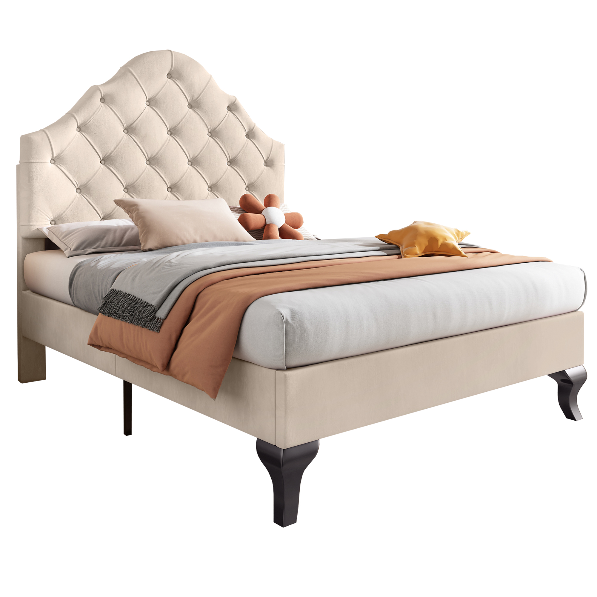 Lit 90x200 beige avec sommier lattes bois et pieds surélevés