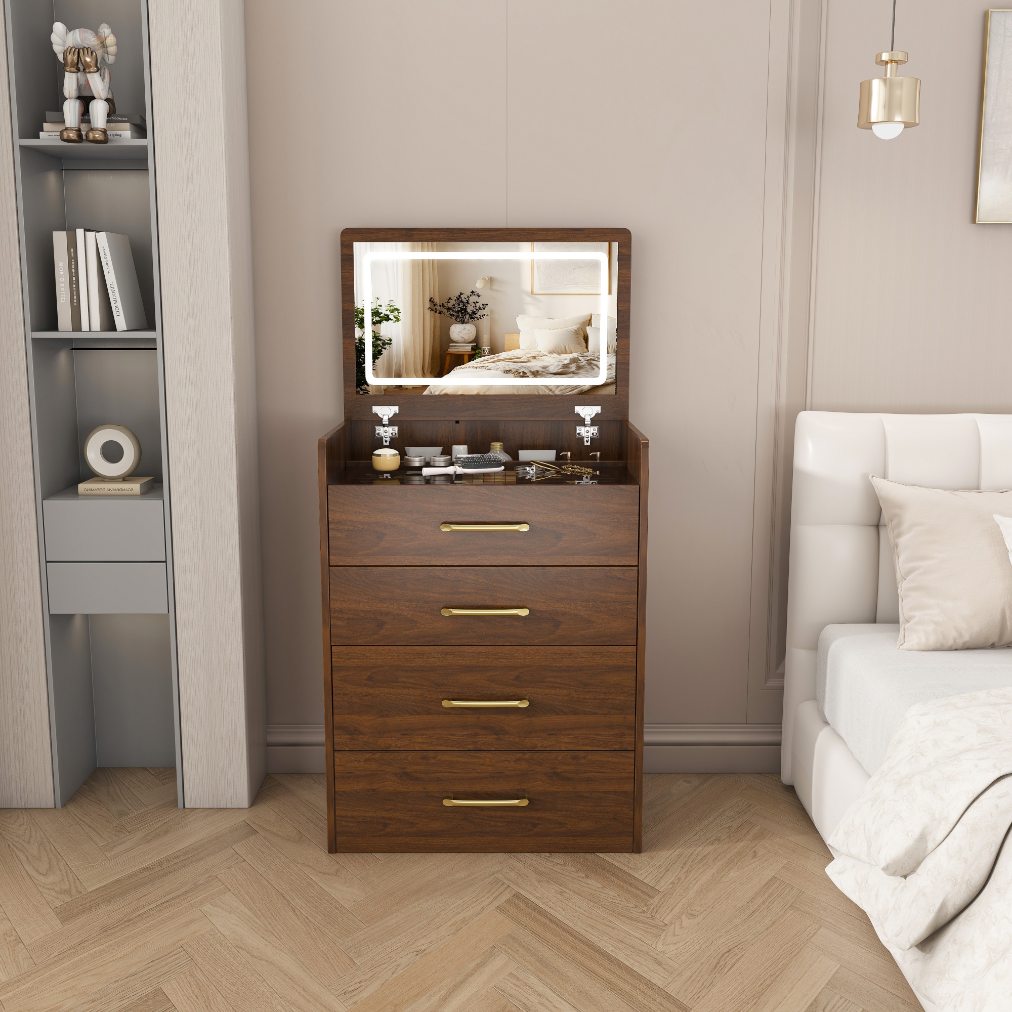 Coiffeuse ouverte miroir relevé plateau verre cosmétiques visibles