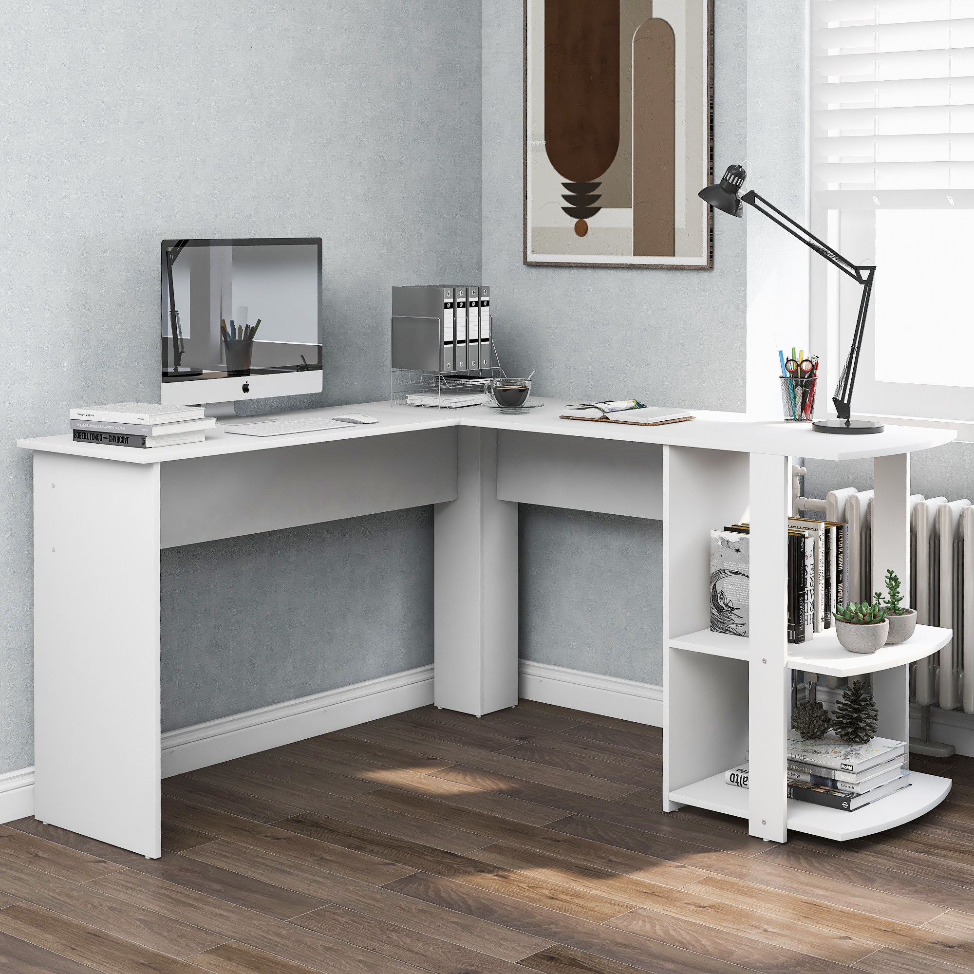 Bureau angle blanc étagères ouvertes rangement fournitures