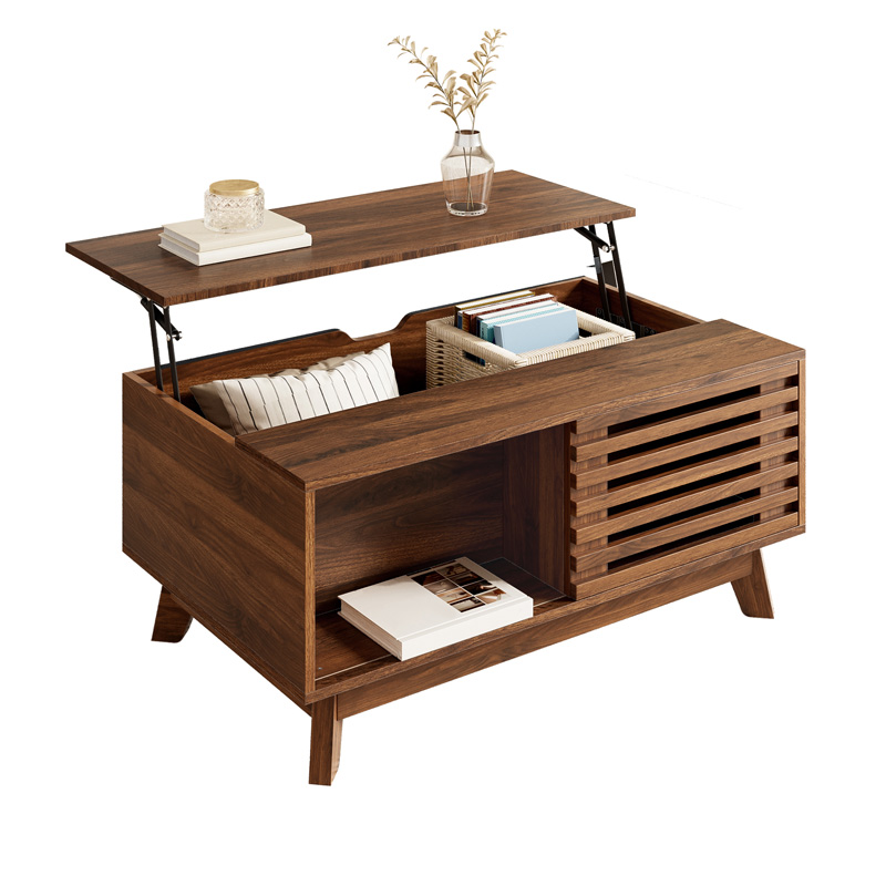 Table basse effet noyer avec plateau relevable et porte coulissante à jalousie