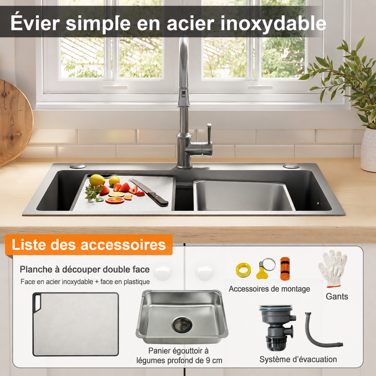 Évier de cuisine en acier inoxydable 75 x 45 cm avec accessoires