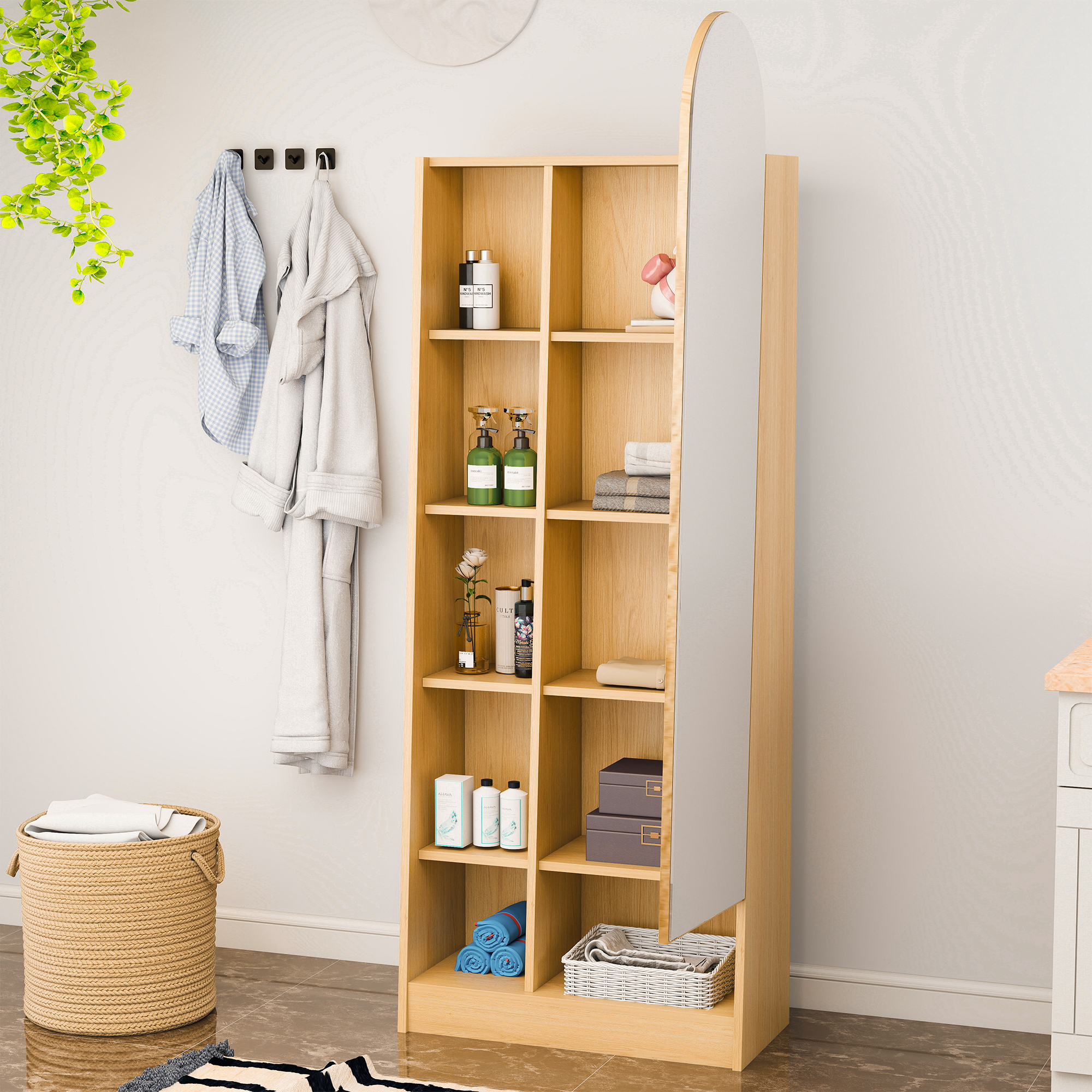 Armoire haute miroir courbé naturel fermée vue frontale