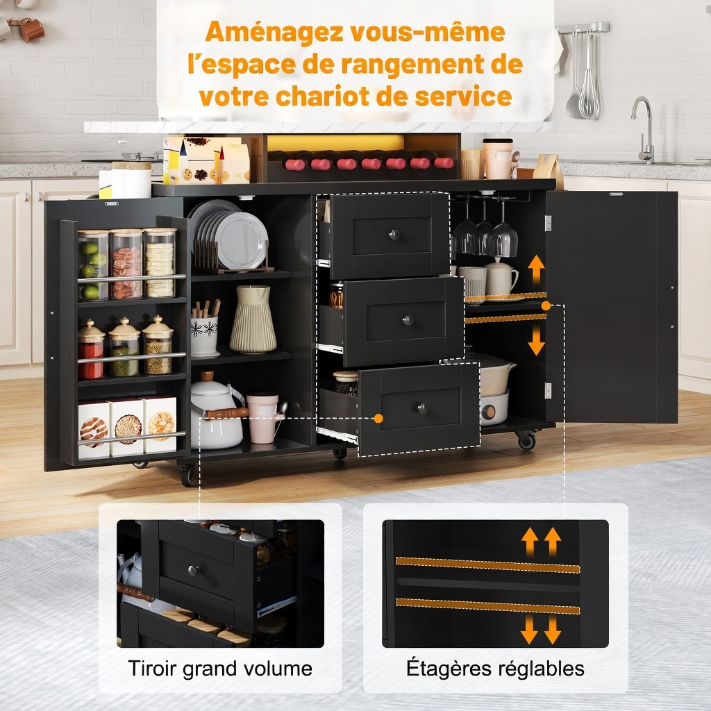 Îlot cuisine mobile blanc plateau étendu LED RGB allumée