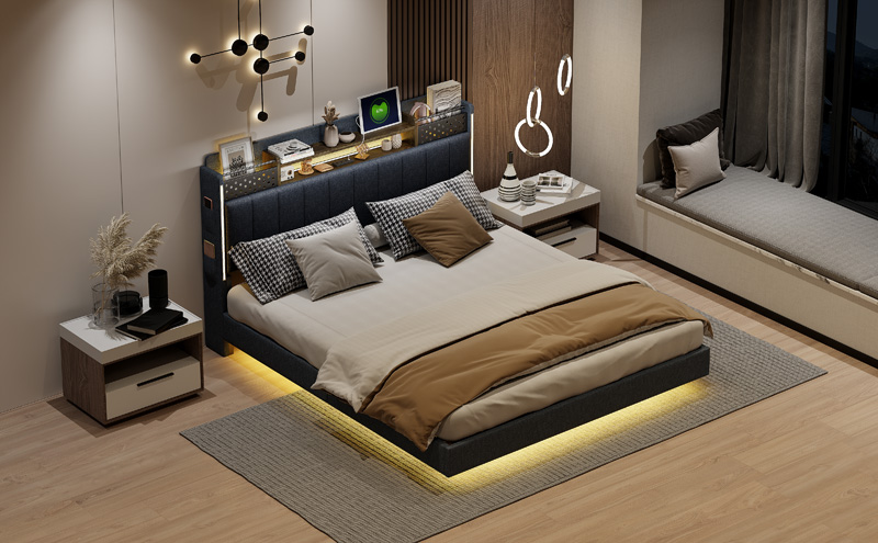 Lit double flottant gris 160 x 200 cm en tissu effet lin avec éclairage LED, port USB et tête de lit avec rangements