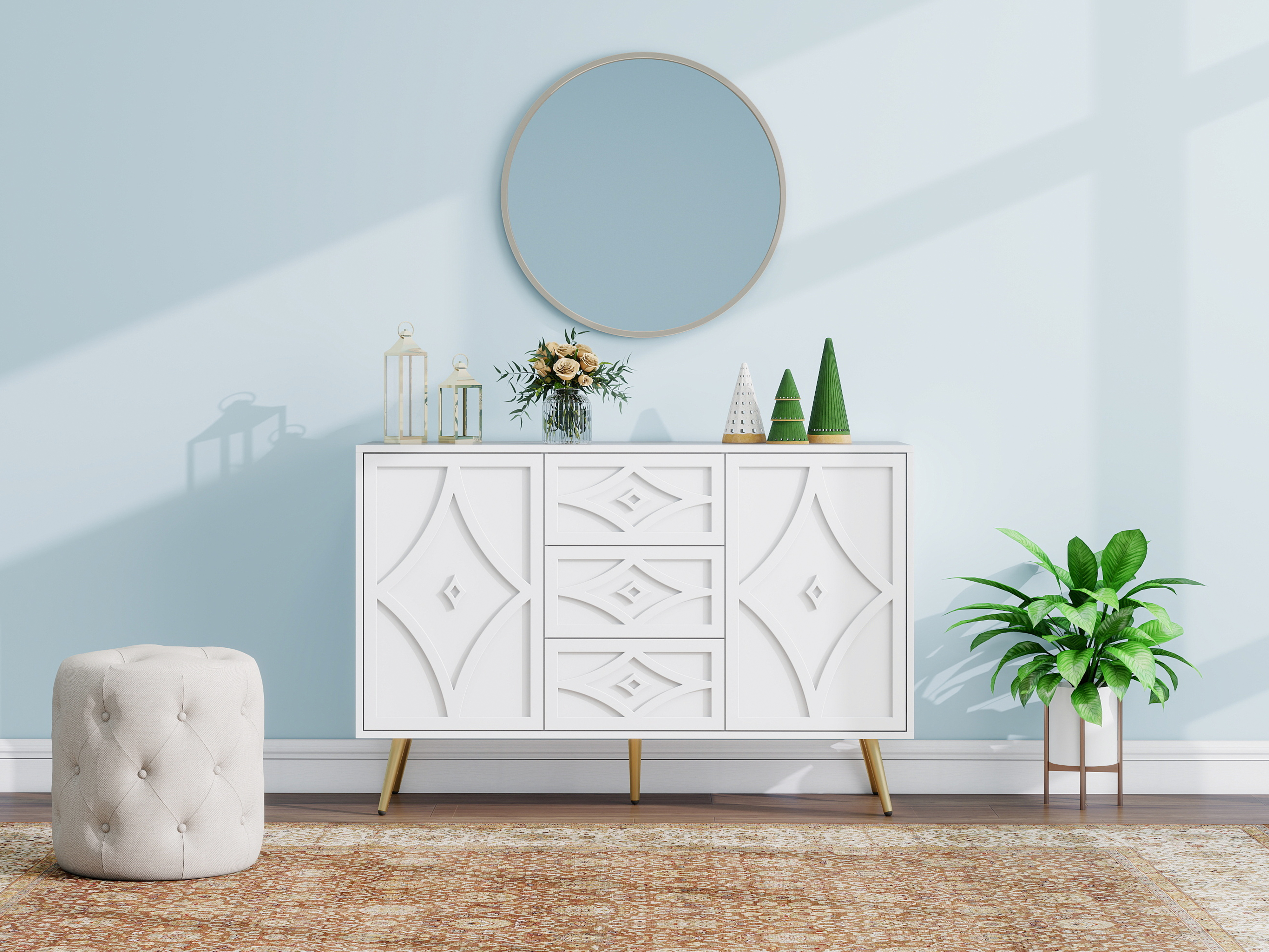 Commode blanche motif losange pieds or élégante