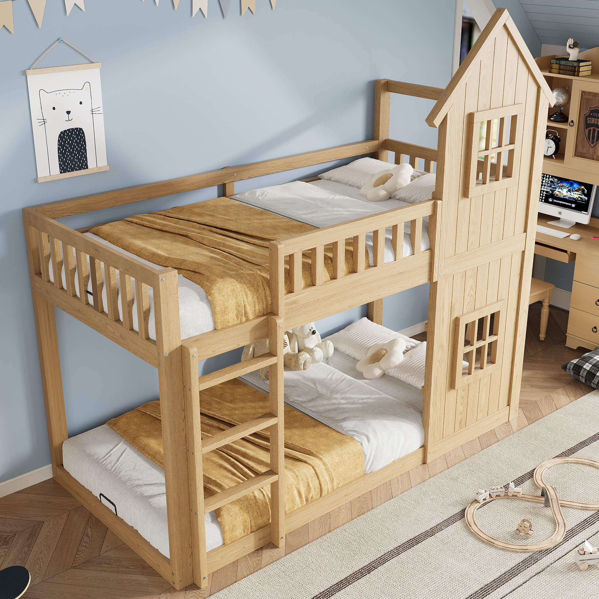 Lit superposé enfant 90 x 200 cm forme maison avec escalier et fenêtres