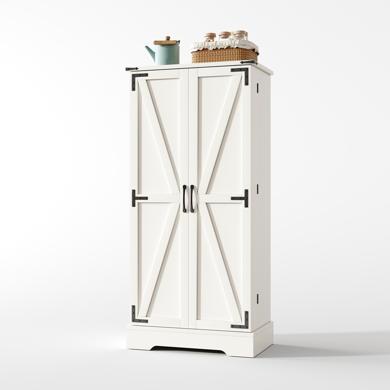 Armoire de cuisine blanche style maison de campagne avec deux portes, étagères réglables et éclairage LED