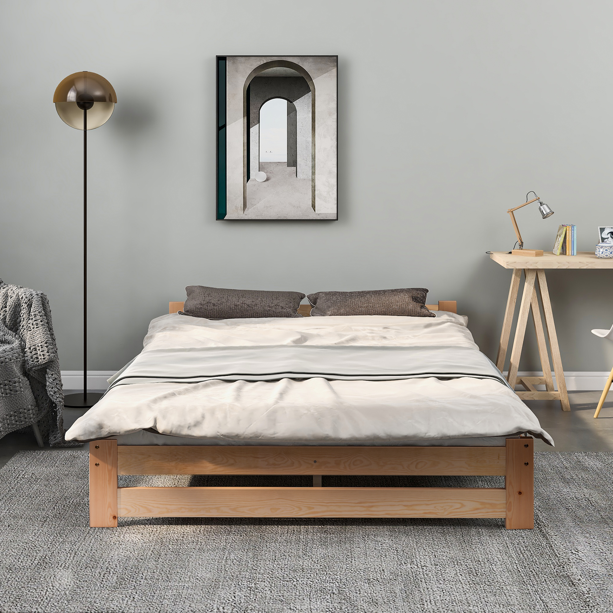 Lit futon massif bois naturel vue complète chambre scandinave