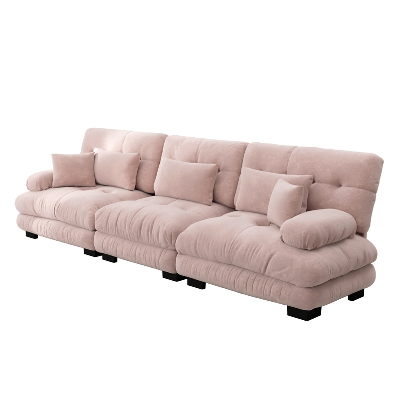 Canapé modulable 3 places rose en chenille avec assise profonde et accoudoirs arrondis