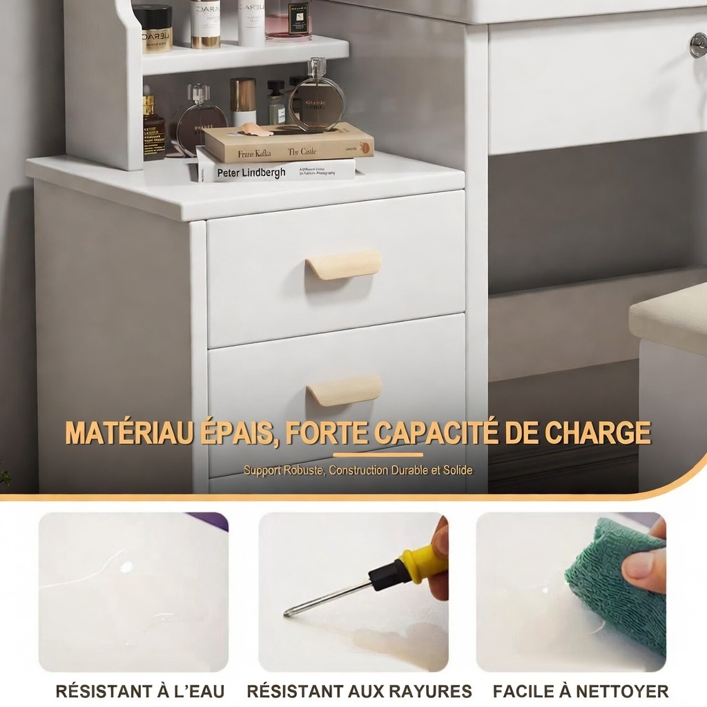 Étagères latérales rangement cosmétiques et structure MDF robuste