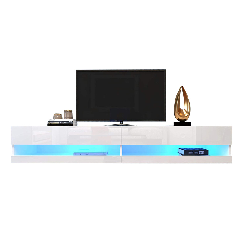 Meuble TV mural blanc 140 cm avec façades brillantes et éclairage LED multicolore
