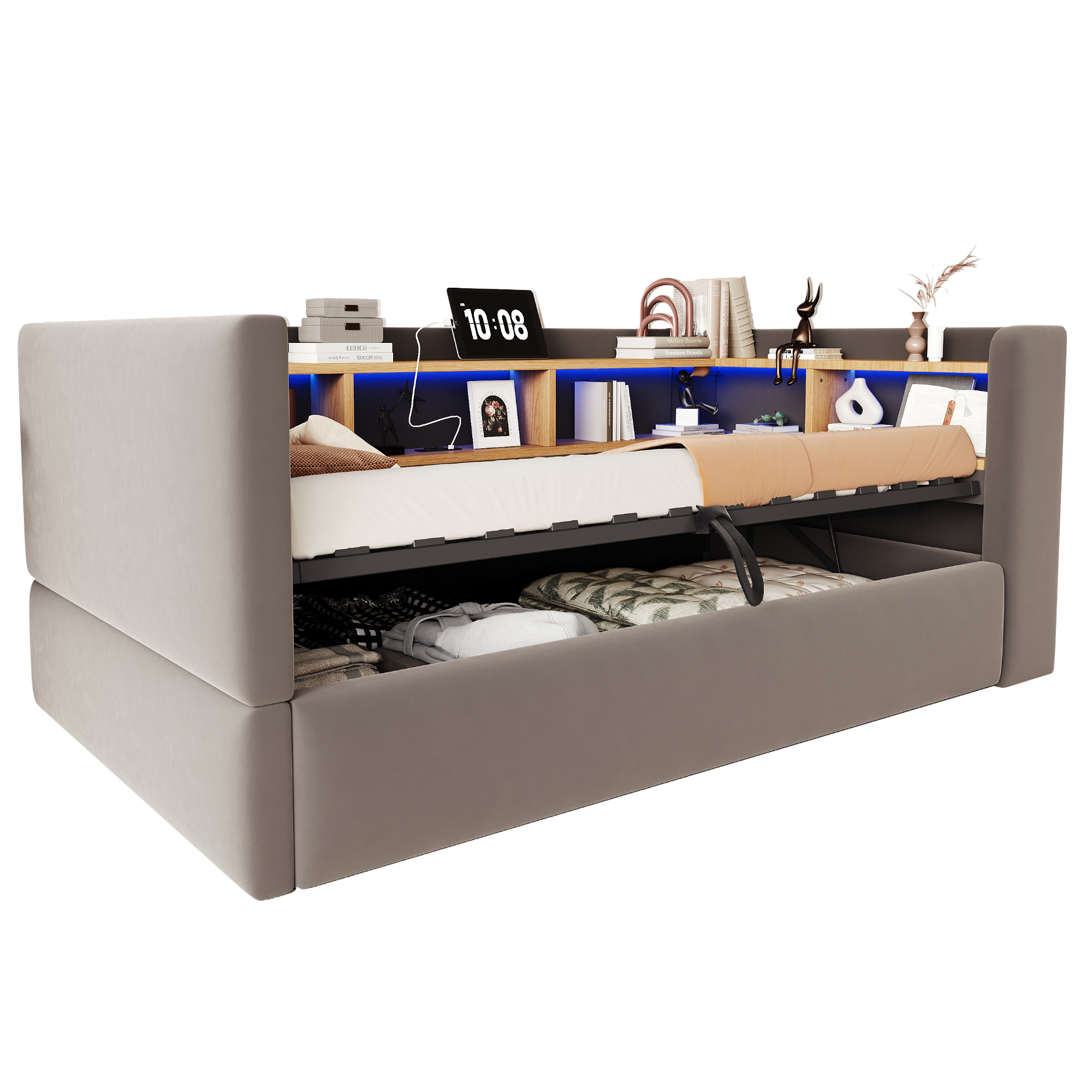 Lit banquette convertible gris foncé 90 x 190 cm avec LED, prises, rangements et coffre hydraulique