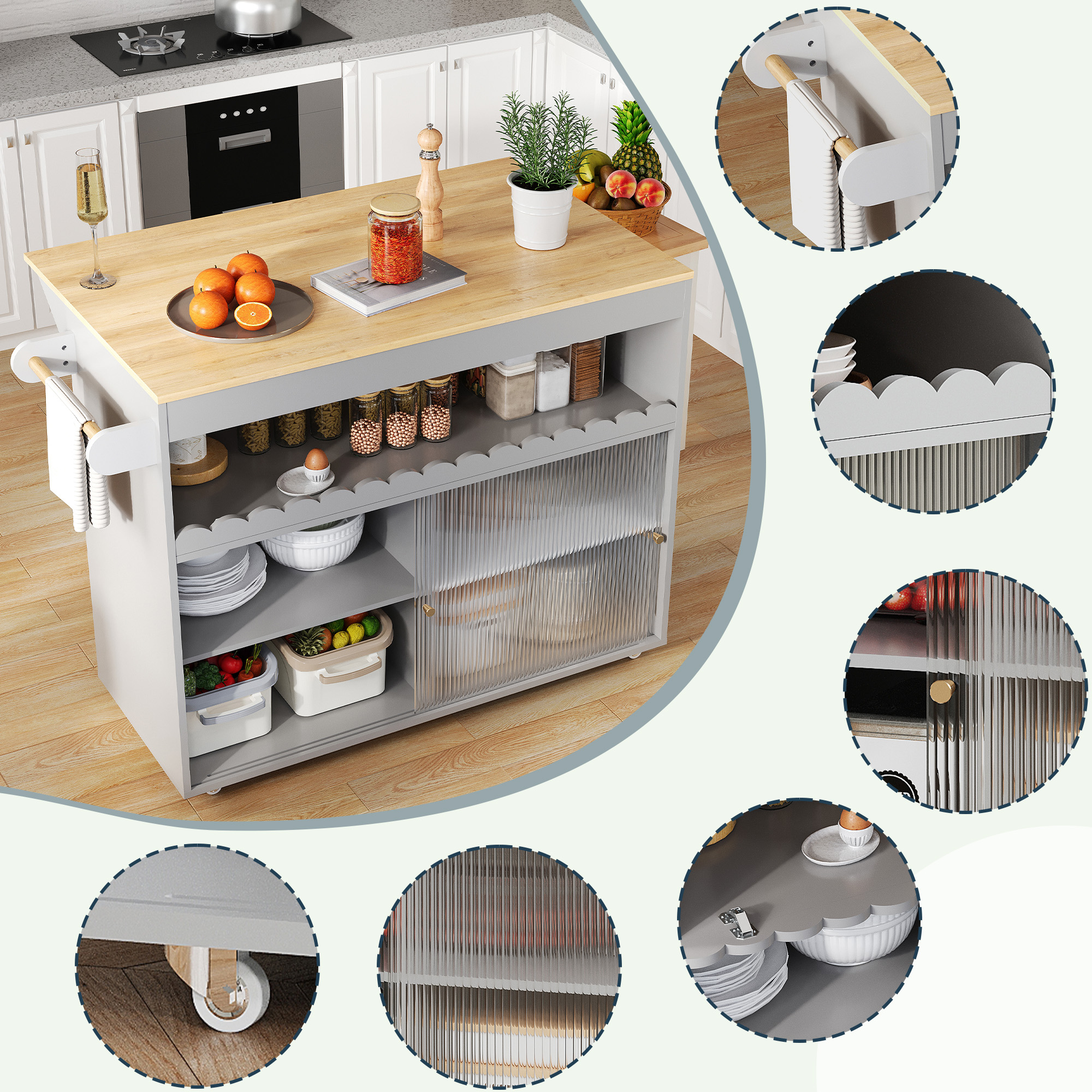 Ilot de cuisine gris pliable avec portes en verre trempe