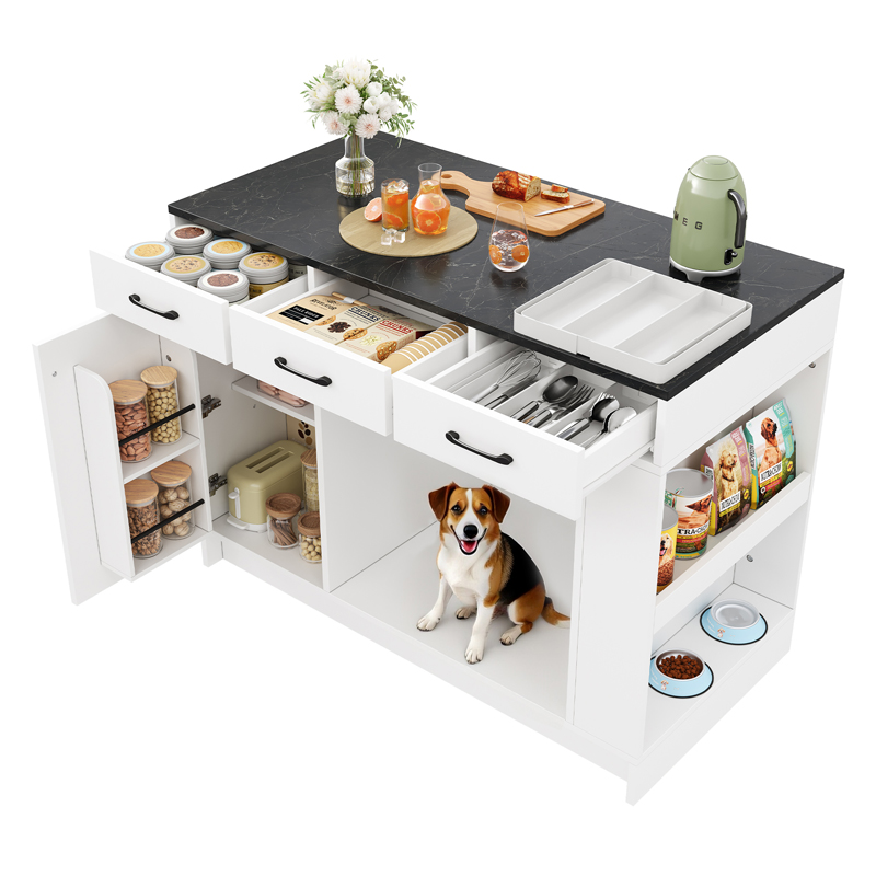 Îlot de cuisine blanc avec trois tiroirs, rangements et espace ouvert pour animal