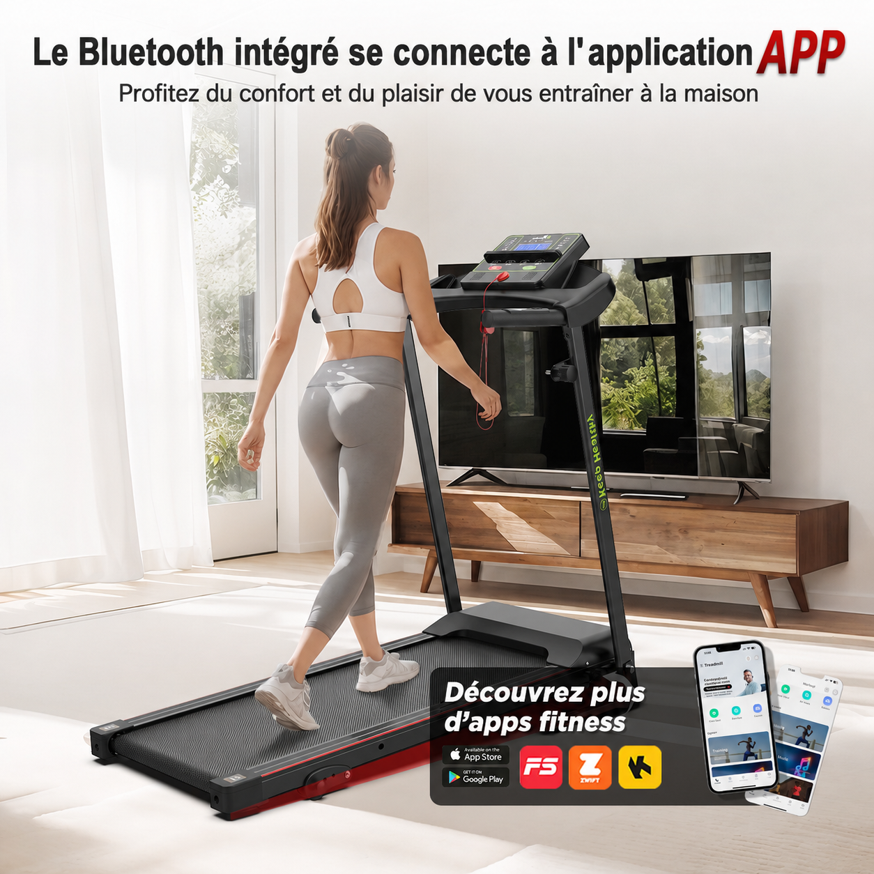 Tapis de course électrique noir avec écran LED, application, support tablette et amorti renforcé