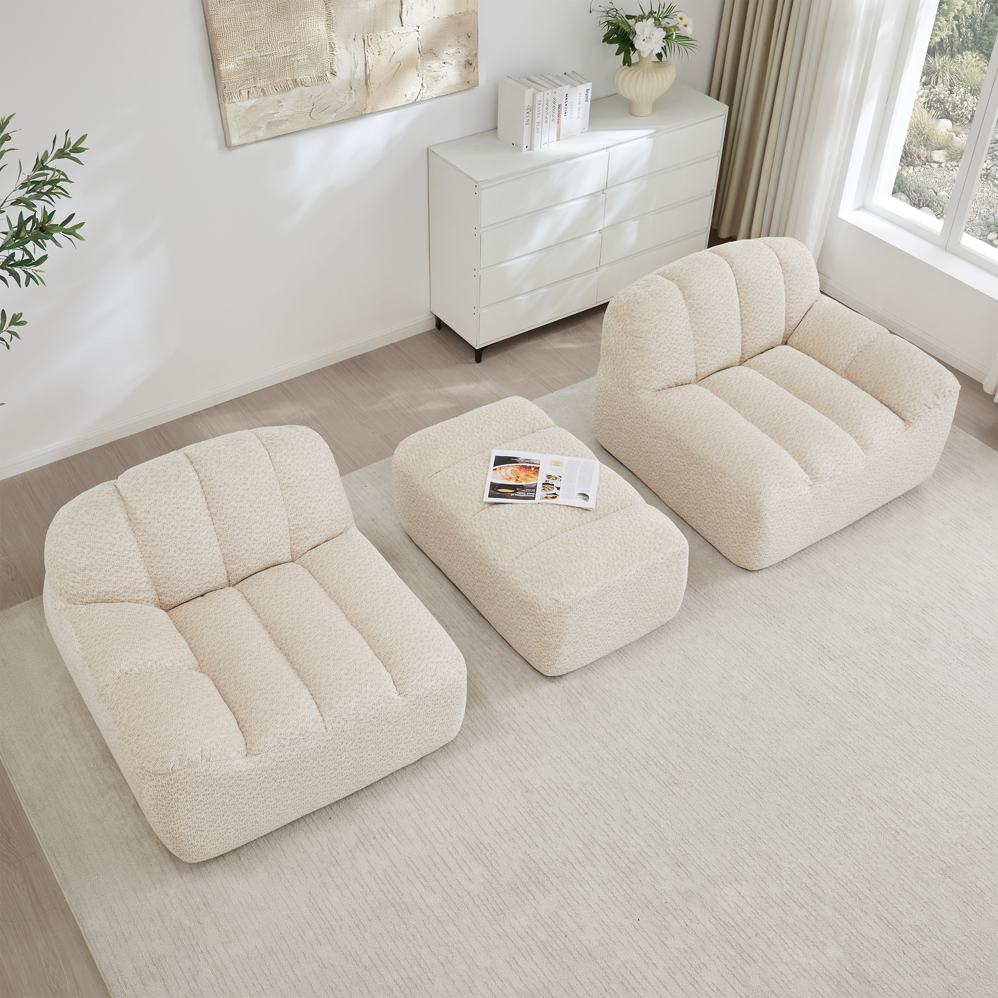 Canapé modulable en L 2 places beige blanc sans structure avec ottoman et assise profonde
