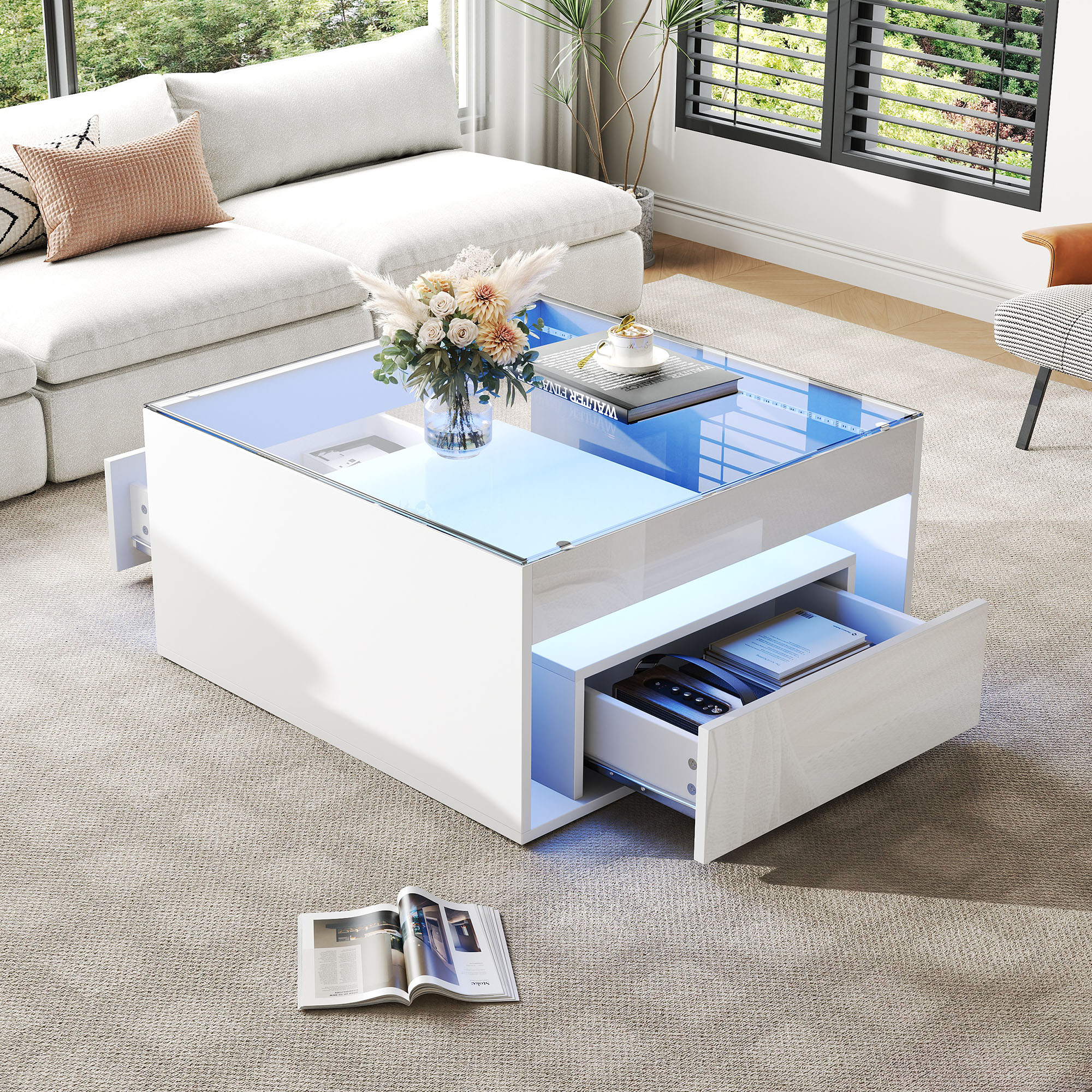 Table basse blanche LED multicolore avec déco dessus