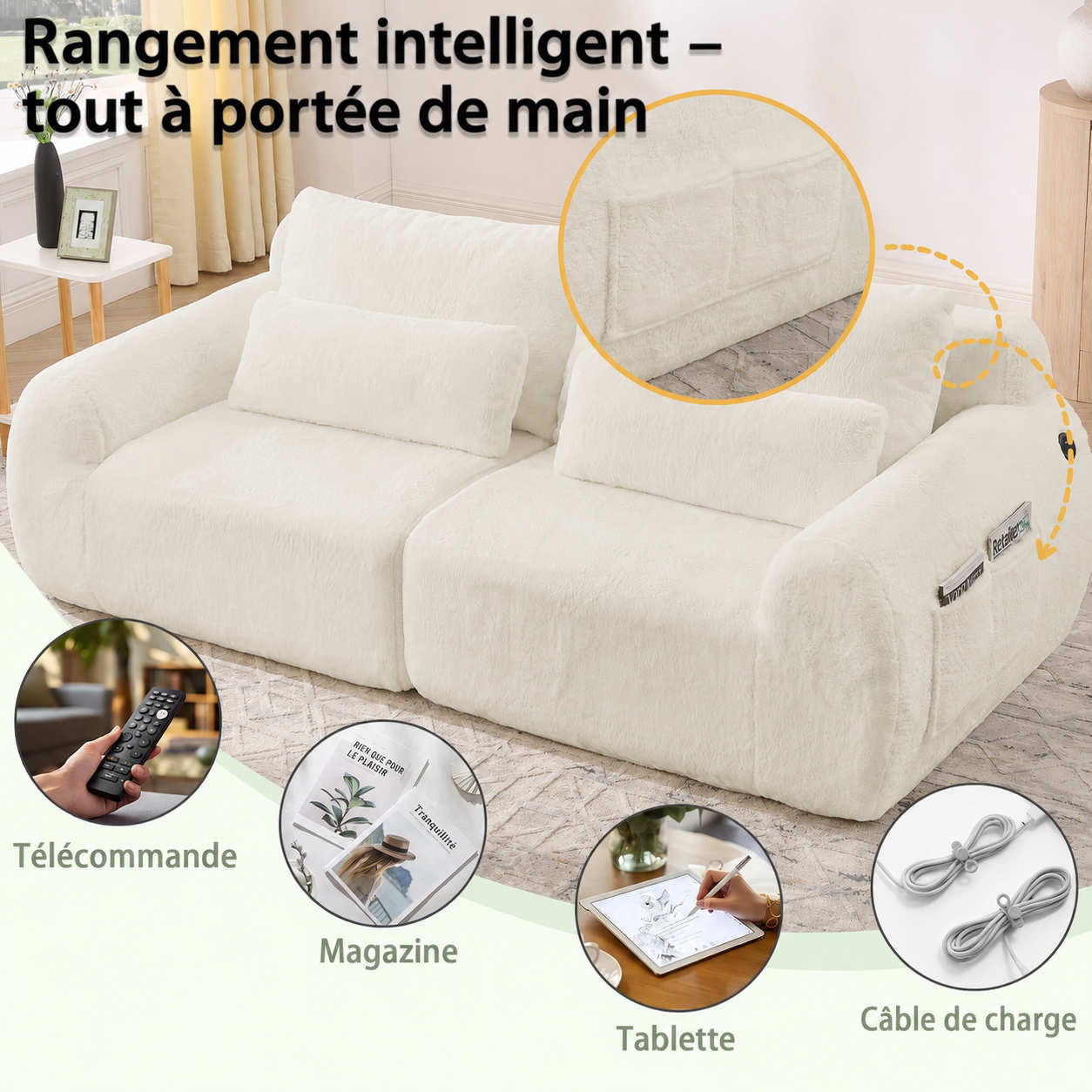Canapé 2 places beige en imitation fourrure de lapin avec ports USB et poche latérale