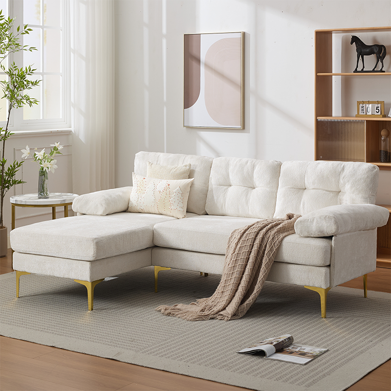 Canape d angle beige en chenille avec meridienne reversible