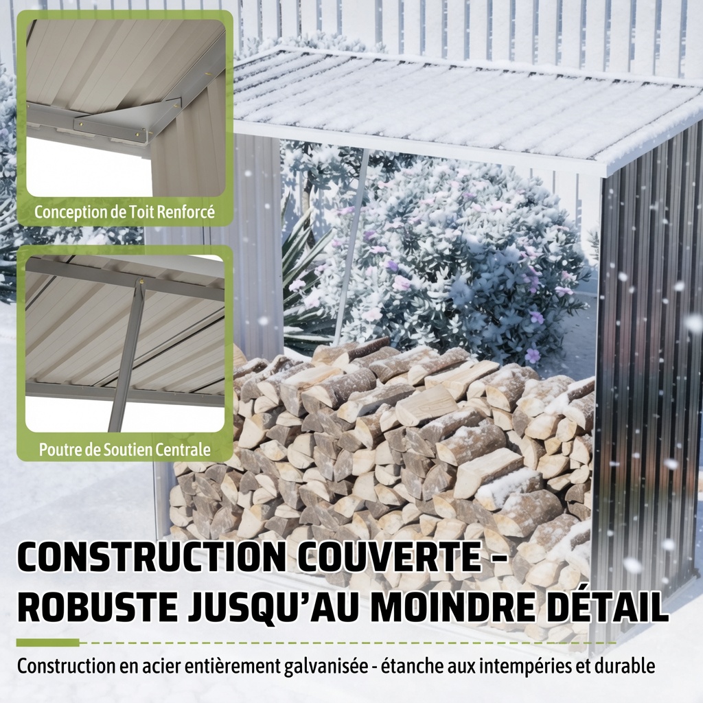 Abri à bois noir en acier galvanisé avec toit incliné