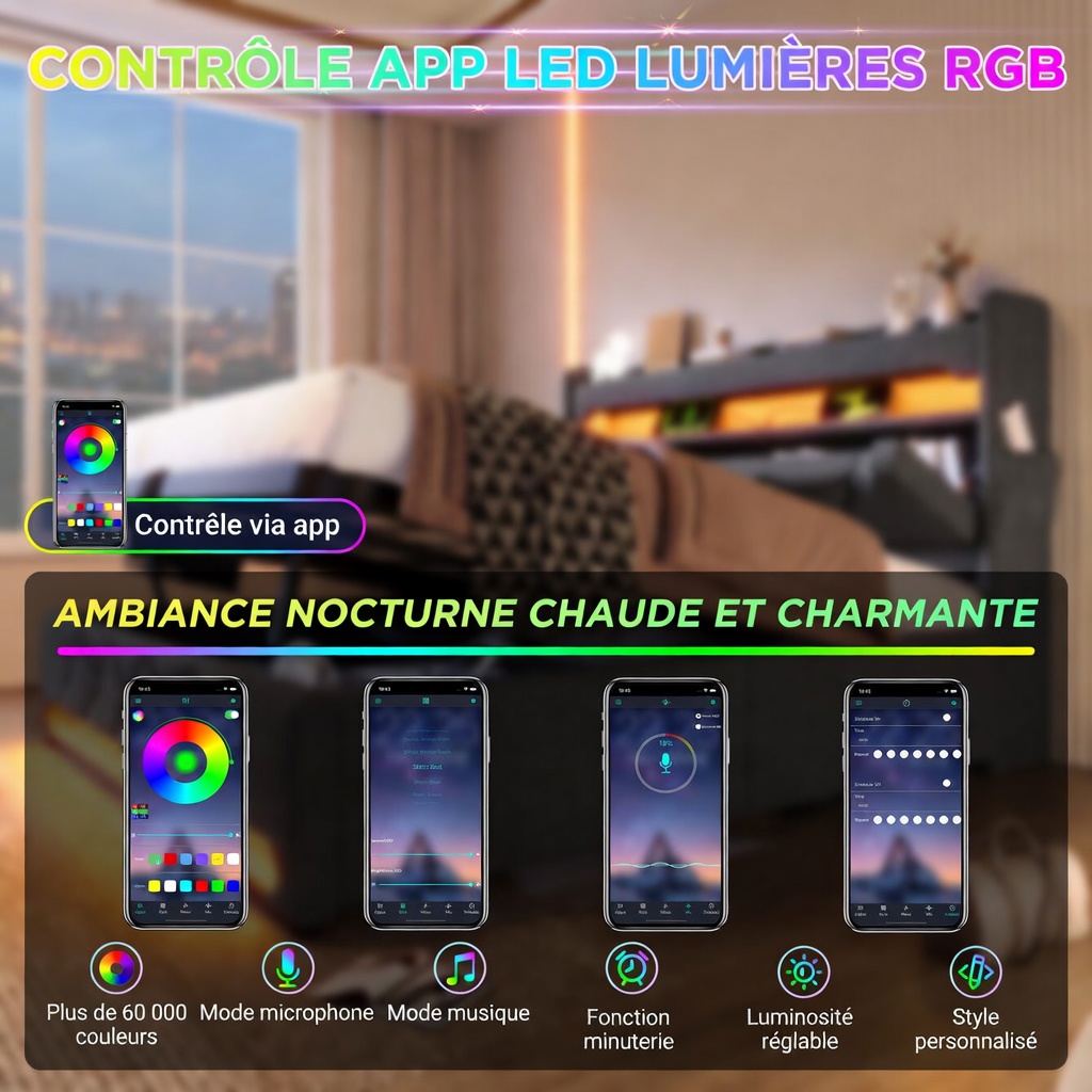 Détail rangement et ports charge lit double