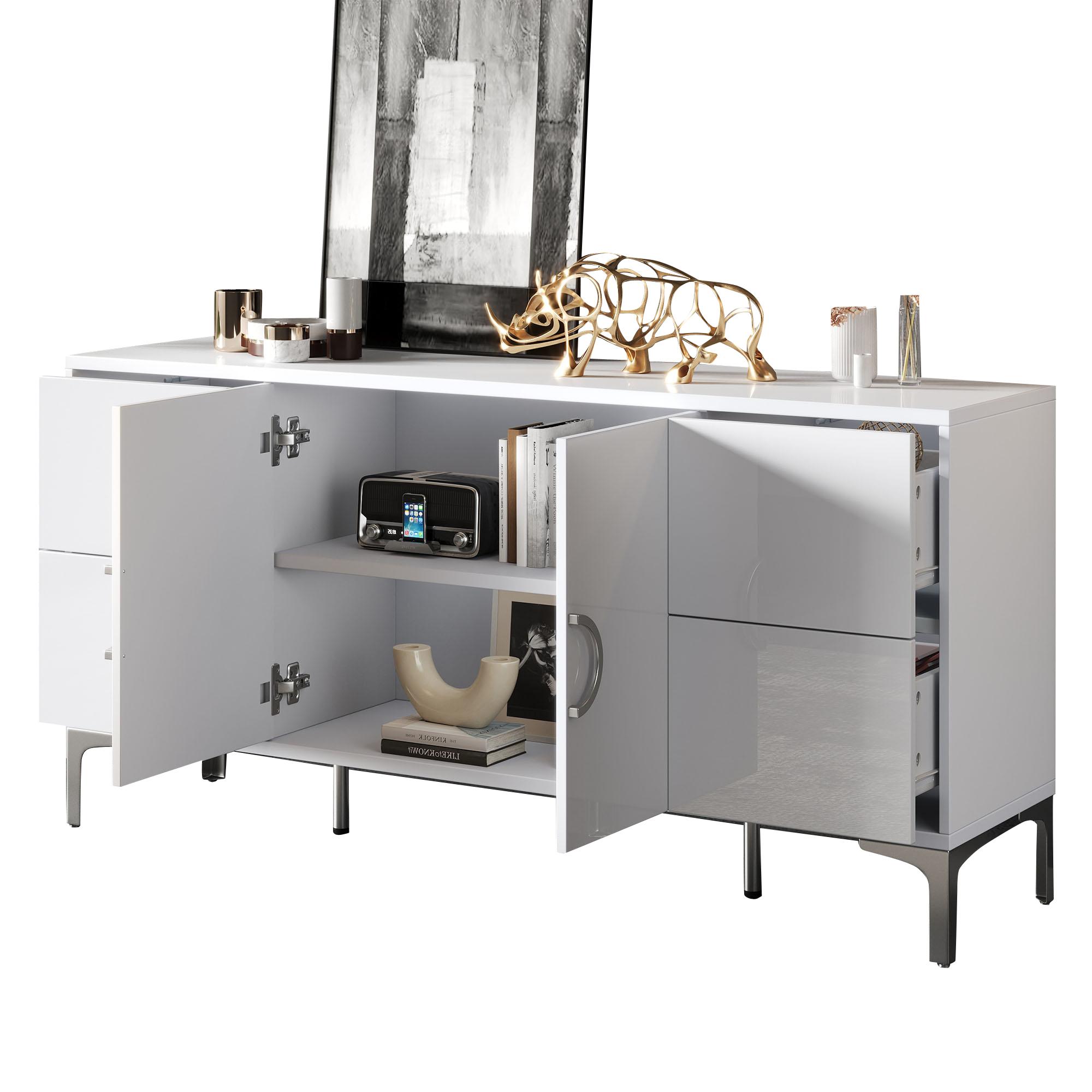 Buffet en situation salon avec rangements ouverts