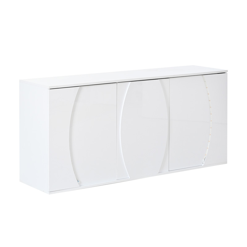 Buffet blanc brillant 150 cm avec trois portes, étagères réglables et éclairage LED