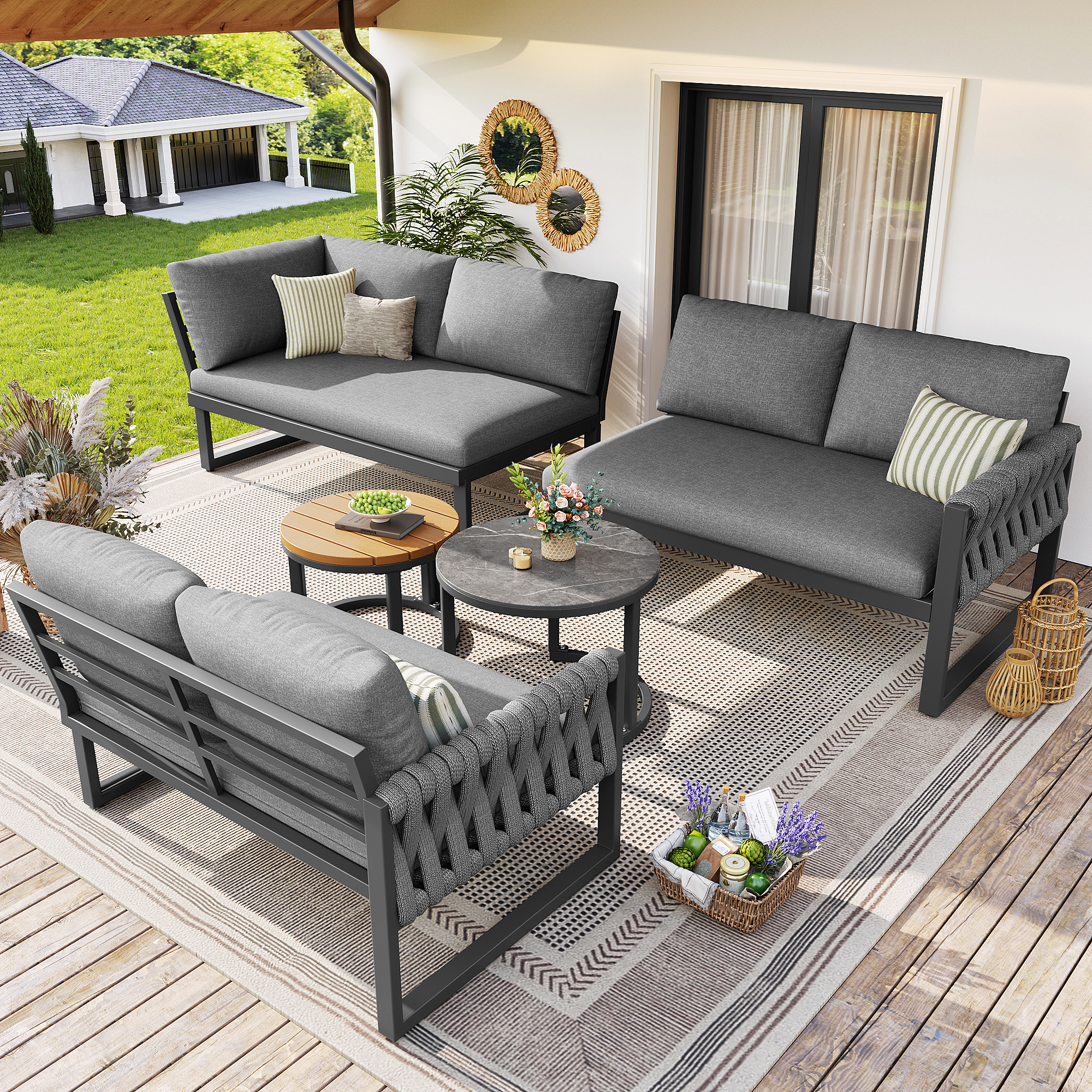 Salon de jardin modulaire gris pour 5 à 6 personnes avec coussins déhoussables et deux tables